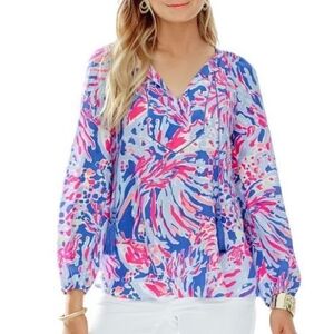 Lilly Pulitzer Saria Seide Top Bluse Iris Rosa Blau Shrimply Chic Quasten S